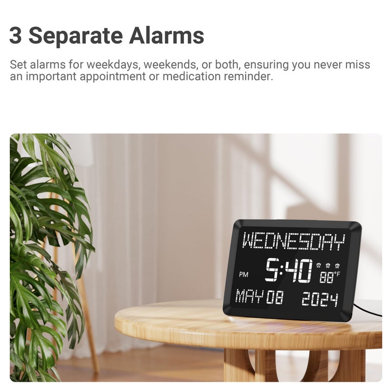 Mesqool 11.5â€ Digital Wall Clock with Date,Time,Week,Indoor Temperature,3 Alarms,5 Dimmer,2 USB Chargers,Battery Backup,Snooze,12/24H for Elderly,Parents,Impaired Vision,Dementia,Memory Loss,Office,Bedroom - Image 3
